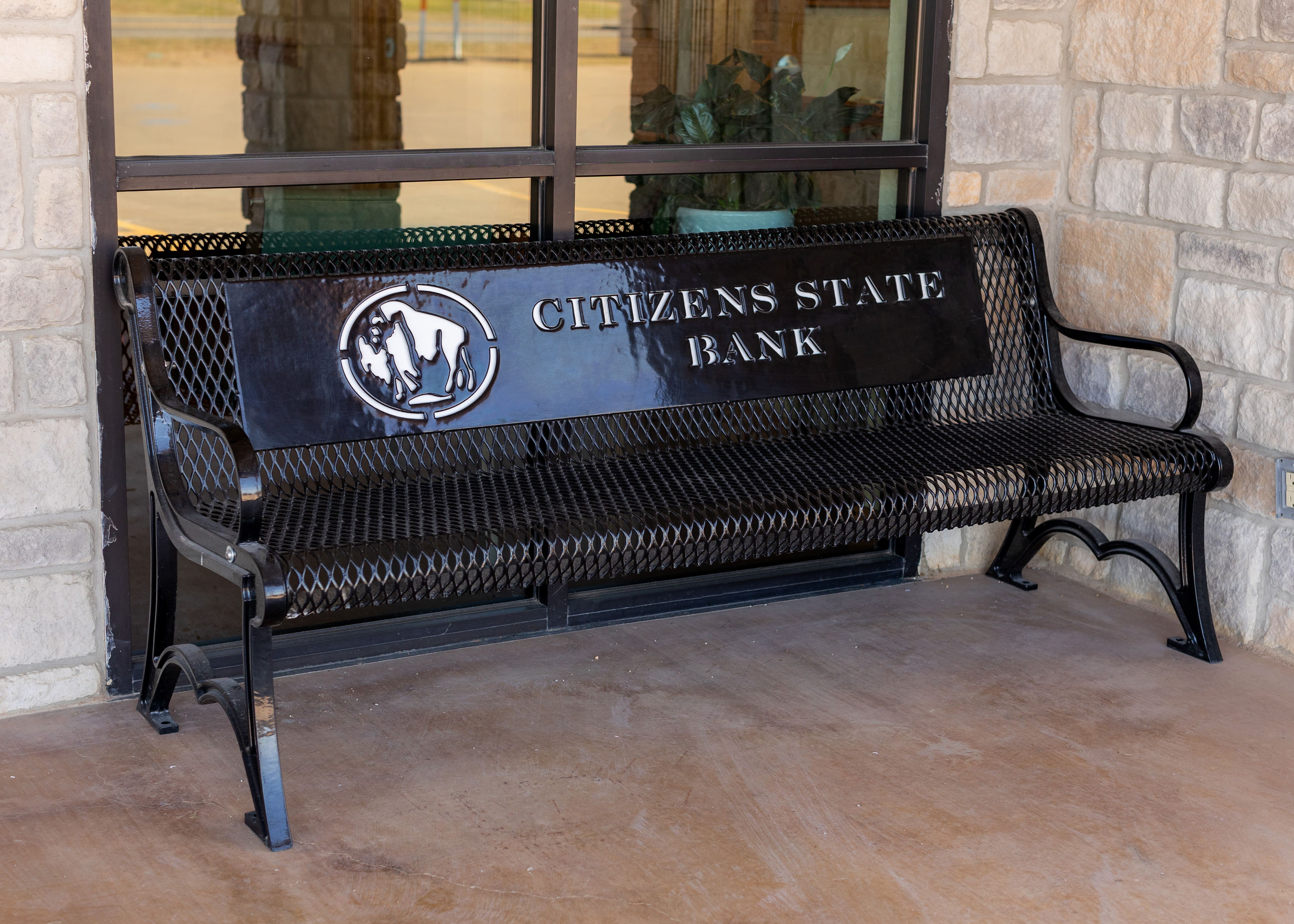 MyTCoat Custom Black Austin Bench Expanded Metal Lifestyle Image with Citizens State Bank Logo