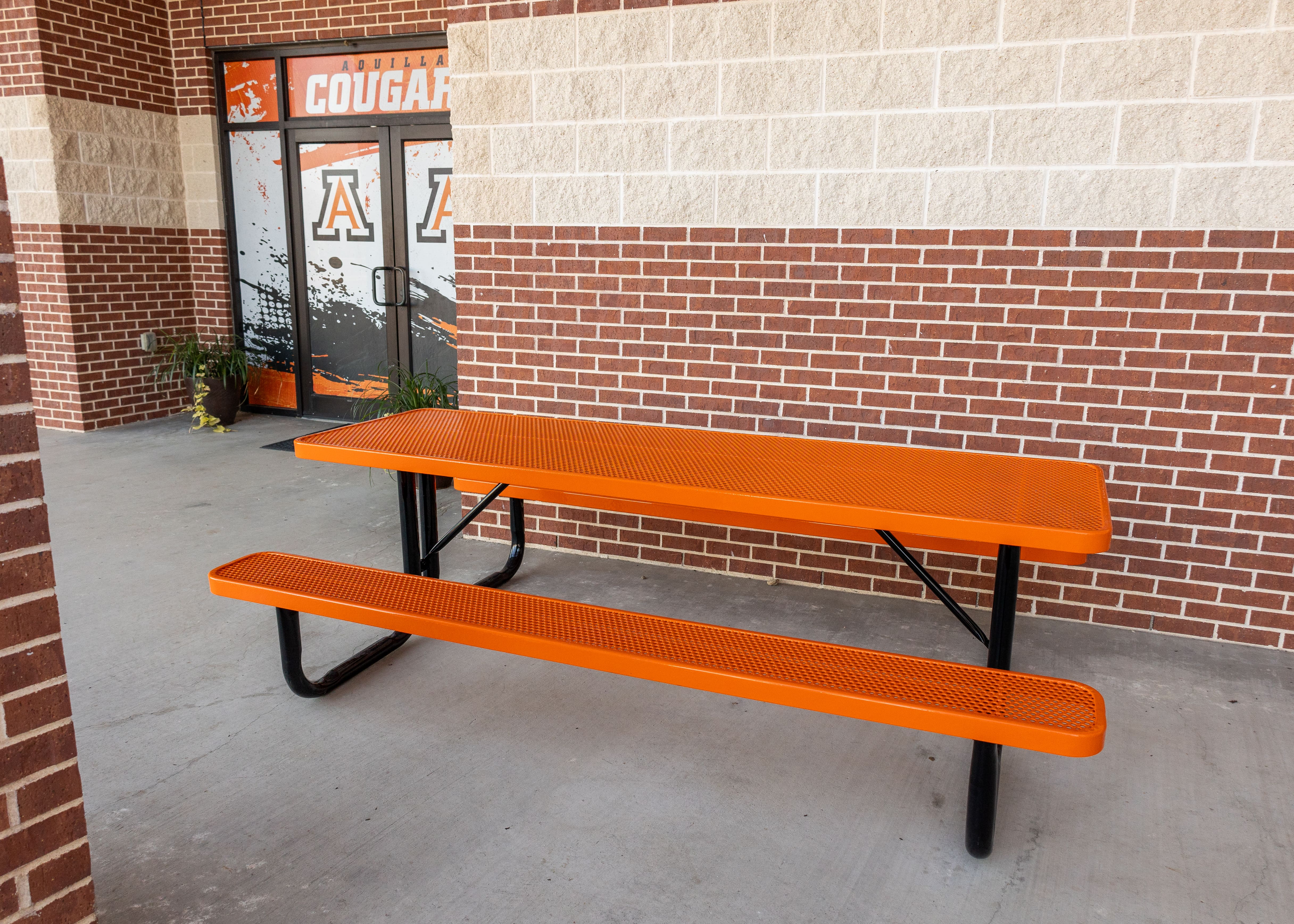 Orange MyTCoat Rectangular Portable Picnic Table with School Background Lifestyle Image
