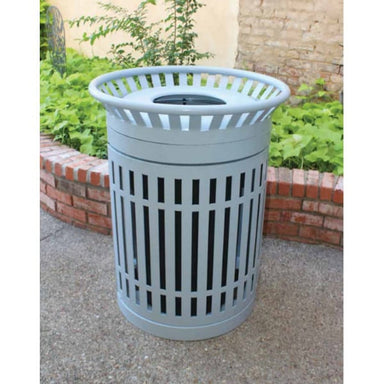 Powder Blue MyTCoat 32 Gallon Skyline Trash Receptacle Lifestyle Image with Garden Background
