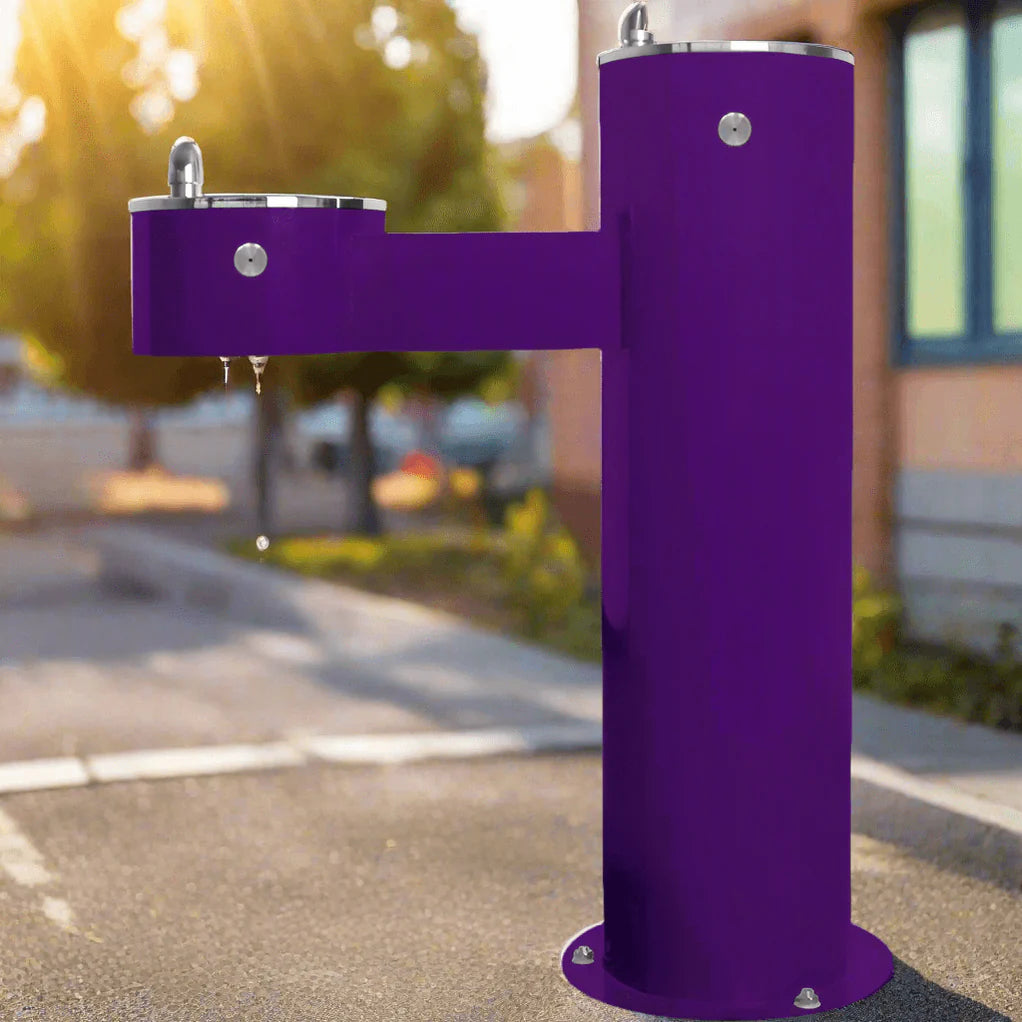 Purple Willoughby Free-standing Double Drinking Fountain Front Access, Adult Height, No Dog Bowl Options on a Sidewalk with blurred background