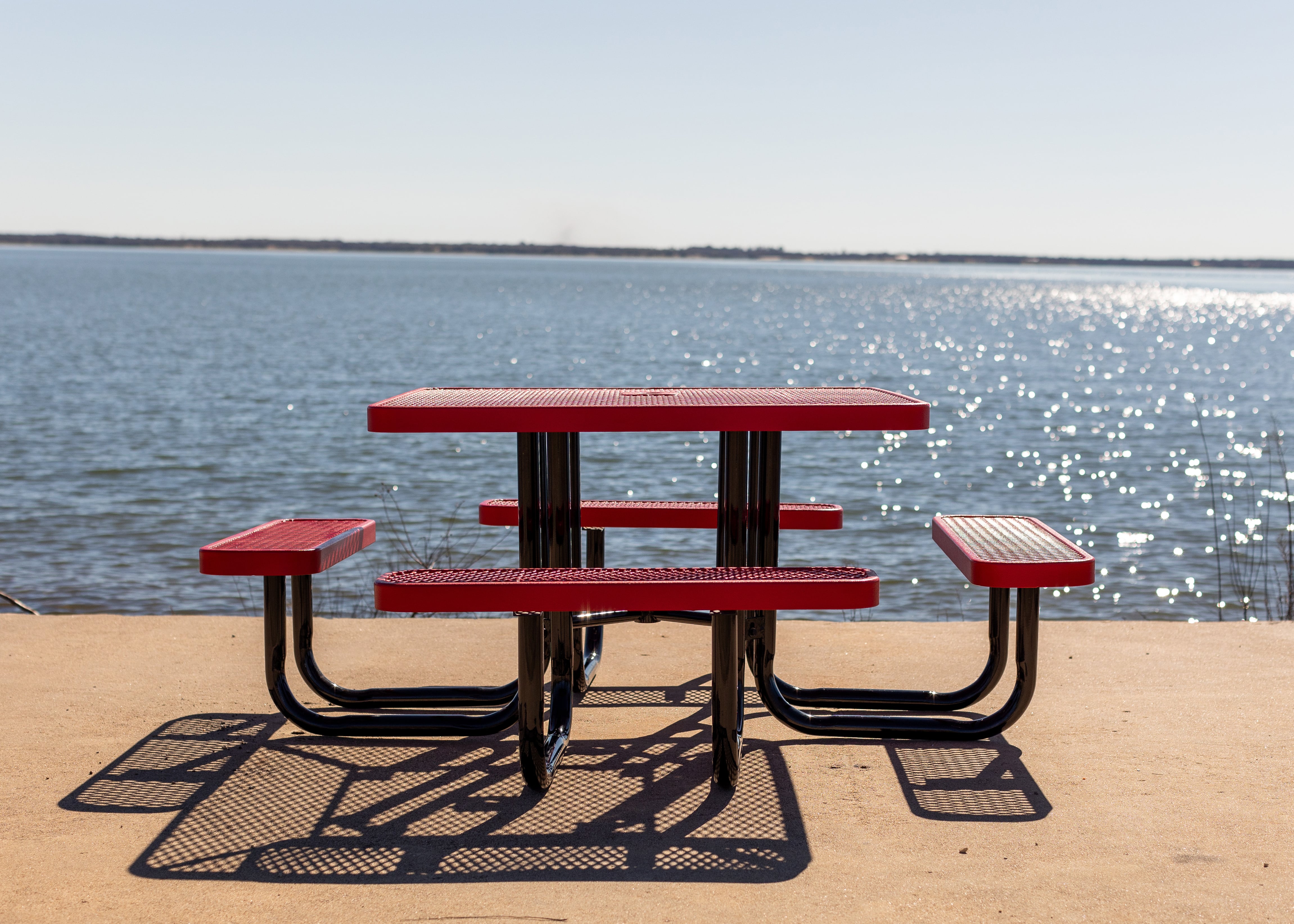 Red MyTCoat Square Portable Picnic Table with Lake Background Side Angle