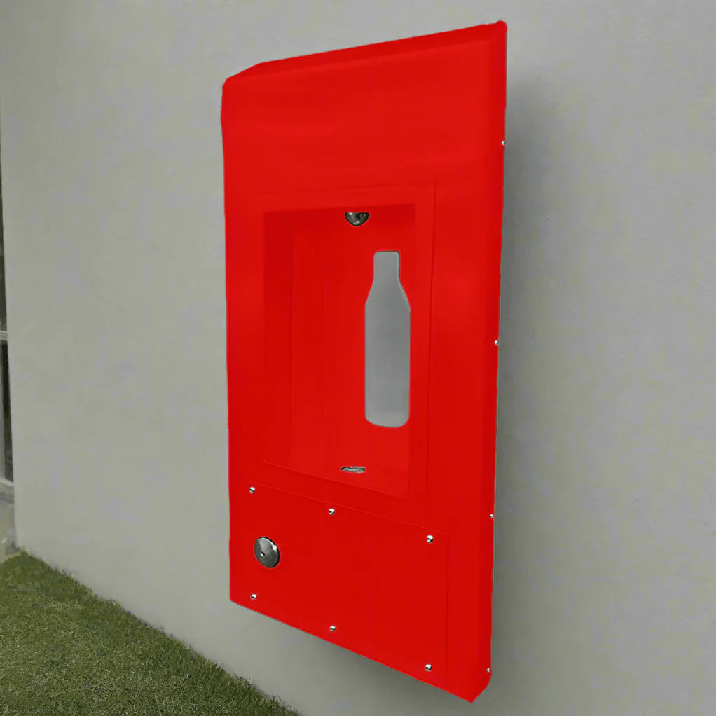 Red Willoughby In-Wall Bottle Filler Surface mounted on a gray wall.