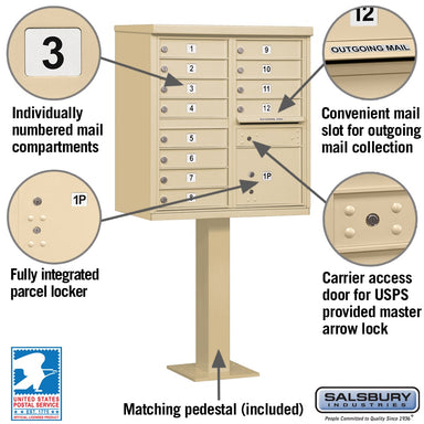 Sand Stone Salsbury USPS Mailbox Cluster Unit with 12 Doors and Parcel Locker Features Image with number plates, parcel locker, USPS door, and Outgoing Mail Slot.