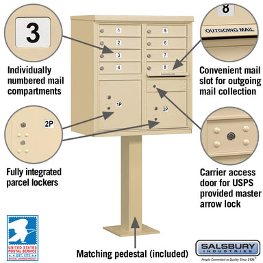 Salsbury USPS Mailbox Cluster Unit with 8 Doors and 2 Parcel Lockers Showing Features Image