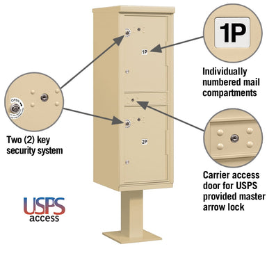 Sand Stone Salsbury USPS 2 Door Parcel Locker Features Image with Number Plates, 2 Key Security System, and carrier access door.