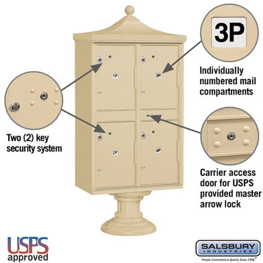 Sand Stone Salsbury USPS 4 Door Decorative Parcel Locker Features Image with 2 key security se\ystem, number plates, and carrier access door.