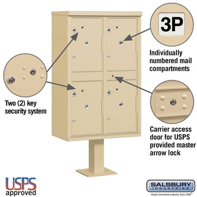 Sand Stone Salsbury USPS 4 Door Parcel Locker Features Image with 2 key security system, number plates, and carrier access door highlighted
