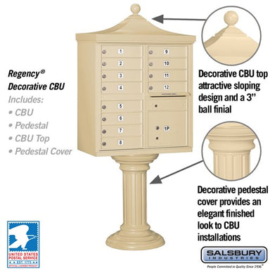 Sand Stone Salsbury USPS Decorative Mailbox Cluster Unit with 12 Doors and Parcel Locker Features Image with Decorative Designs.