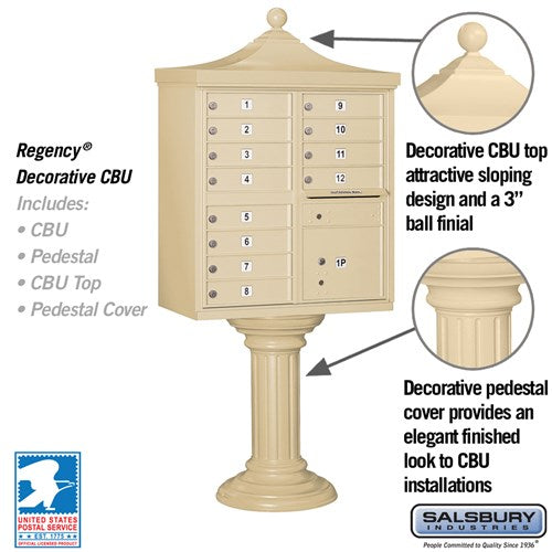 Sand Stone Salsbury USPS Decorative Mailbox Cluster Unit with 12 Doors and Parcel Locker Features Image with Decorative Designs.