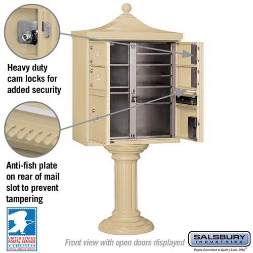 Sand Stone Salsbury USPS Decorative Mailbox Cluster Unit with 4 Door and 2 Parcel Lockers Features Image with cam locks and anti-fish plates.