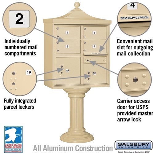 Sand Stone Salsbury USPS Decorative Mailbox Cluster Unit with 4 Door and 2 Parcel Lockers Features Image with parcel lockers, number plates, Master locked access door, and outgoing mail slot.