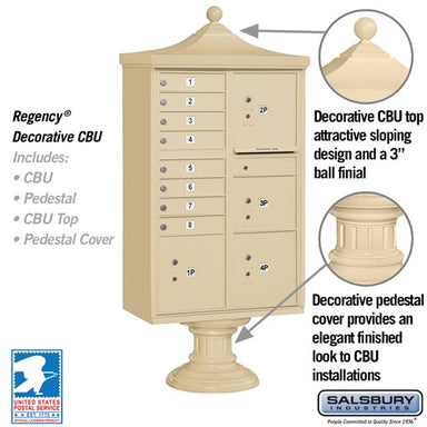 Sand Stone Salsbury USPS Decorative Mailbox Cluster Unit with 8 Door and 4 Parcel Lockers Features Image highlighting decorative elements