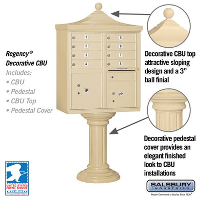 Sand Stone Salsbury USPS Decorative Mailbox Cluster Unit with 8 Doors and 2 Parcel Lockers Studio Image Features Image with decorative top and pedestal.