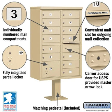 Sand Stone Salsbury USPS Mailbox Cluster Unit with 13 Doors and  Parcel Locker Features Image with number plates, parcel locker, mail slot, and master lock.