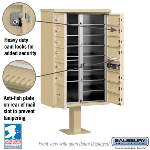 Sand Stone Salsbury USPS Mailbox Cluster Unit with 13 Doors and  Parcel Locker Features Image with heavy duty cam locks and anti-fish plates.