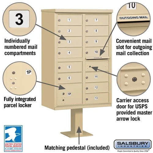 Sand Stone Salsbury USPS Mailbox Cluster Unit with 13 Doors and  Parcel Locker Features Image with number plates, parcel locker, mail slot, and master lock.