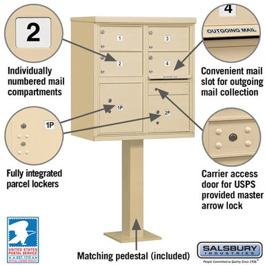Sand Stone Salsbury USPS Mailbox Cluster Unit with 4 Door and 2 Parcel Lockers Features Image with parcel lockers, number plates, outgoing mail slot, and master locked access door.