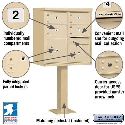 Sand Stone Salsbury USPS Mailbox Cluster Unit with 4 Door and 2 Parcel Lockers Features Image with parcel lockers, number plates, outgoing mail slot, and master locked access door.