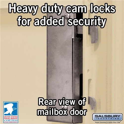 Sand Stone Salsbury USPS Mailbox Cluster Unit with 4 Door and 2 Parcel Lockers Features Image Cam Locks Close-up