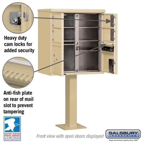 Sand Stone Salsbury USPS Mailbox Cluster Unit with 4 Door and 2 Parcel Lockers Features Image with anti-fish plates and cam locks