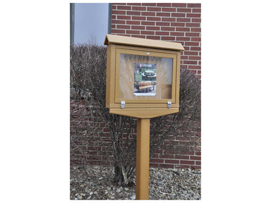 Small Cedar Frog Furnishings Hinged Outdoor Message Center Cork Bulletin Board in Front of School