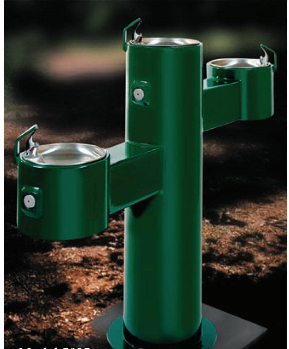 Stern-Williams 5700 ADA Single Outdoor Drinking Fountain with Two Separate Spouts with extra water spout option and forest background