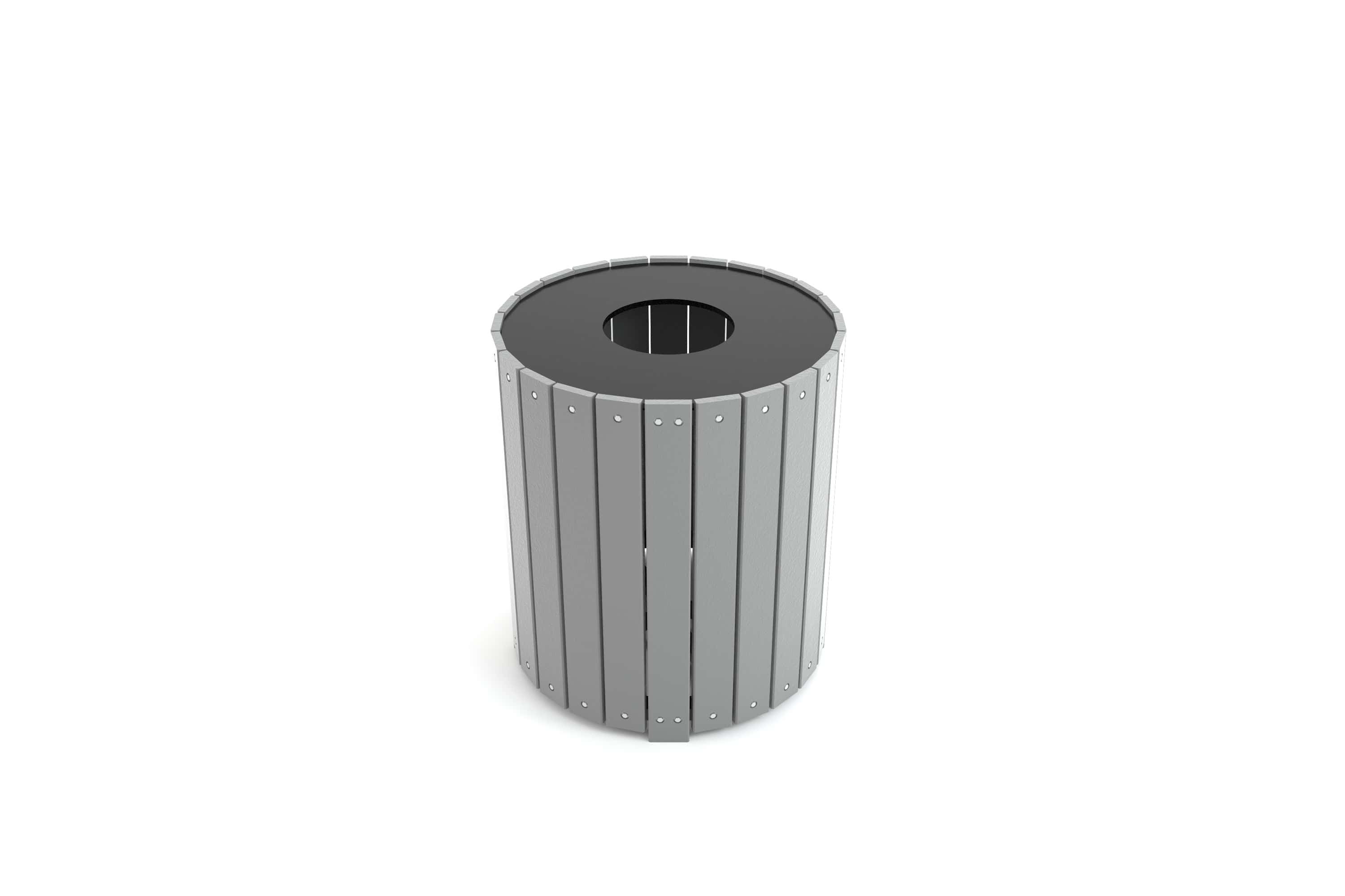 Studio Image of front of Frog Furnishings Gray 32 Gallon Wood Round Trash Can