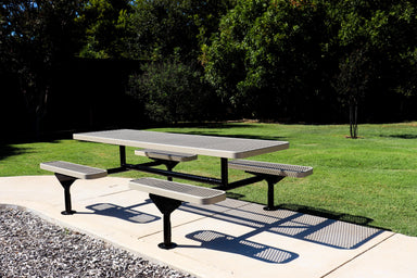 Tan MyTCoat Nexus Rectangular Picnic Table Surface Mount Lifestyle Image With Park Background