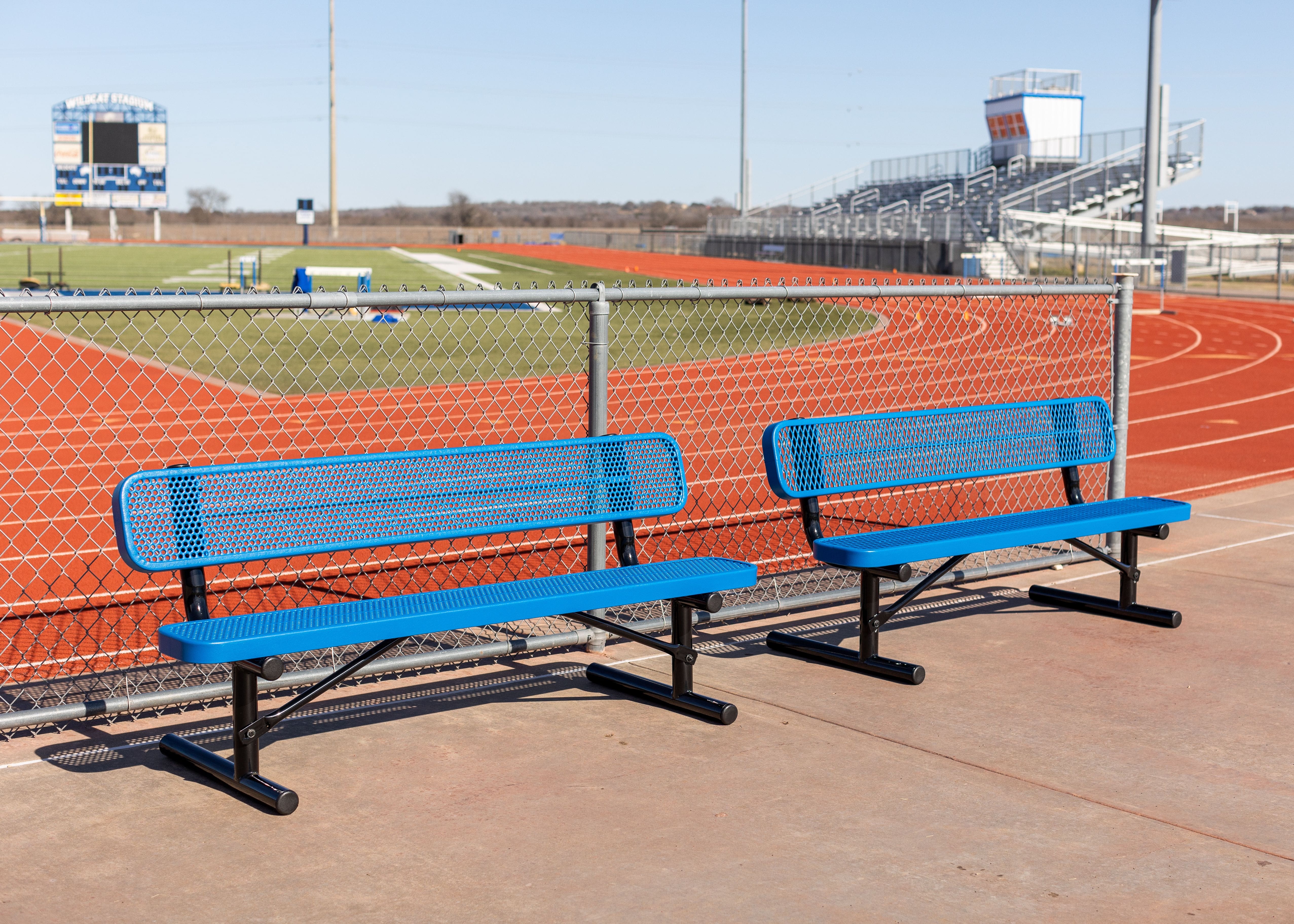 Two MyTCoat Sports Benches with Backrests at Trackand Football Field Lifestyle Photo