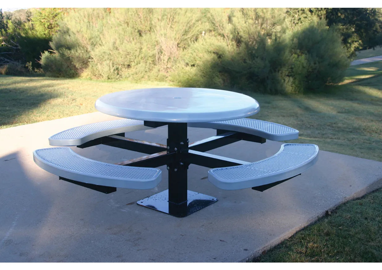White MyTCoat Round Solid Top Pedestal Picnic Table 4 Seat Lifestyle Image with Park Background