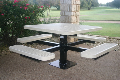 White MyTCoat Square Pedestal Picnic Table 4 Seat Surface Mount Lifestyle Image with Golf Course Background