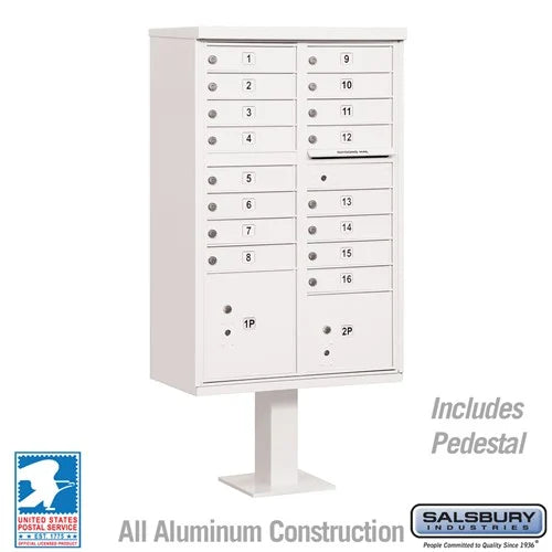 White Salsbury USPS Approved 16 Door Cluster Mailbox Unit with 2 Parcel Lockers