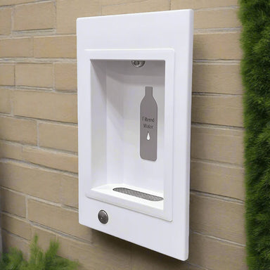White Willoughby In-Wall Bottle Filler Rear Mounted a beige brick wall