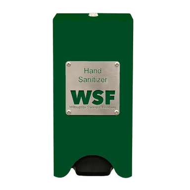 Willoughby Stainless Wall Mounted Hand Sanitizer Dispenser with 'WSF' branding Studio Image