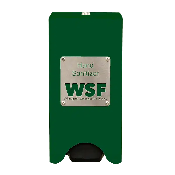 Willoughby Stainless Wall Mounted Hand Sanitizer Dispenser with 'WSF' branding Studio Image