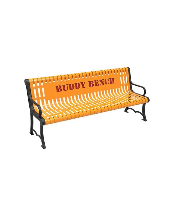 Yellow Customized "Buddy Bench" MyTCoat Austin Bench Slatted Steel Studio Image