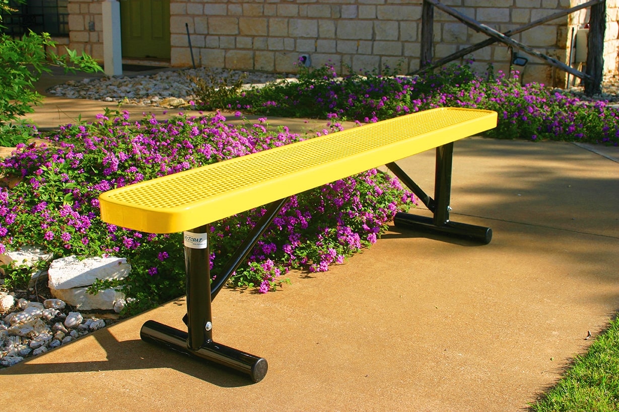 Yellow MyTCoat Metal Outdoor Bench Without Backrest Lifestyle Image with Colorful Garden Background