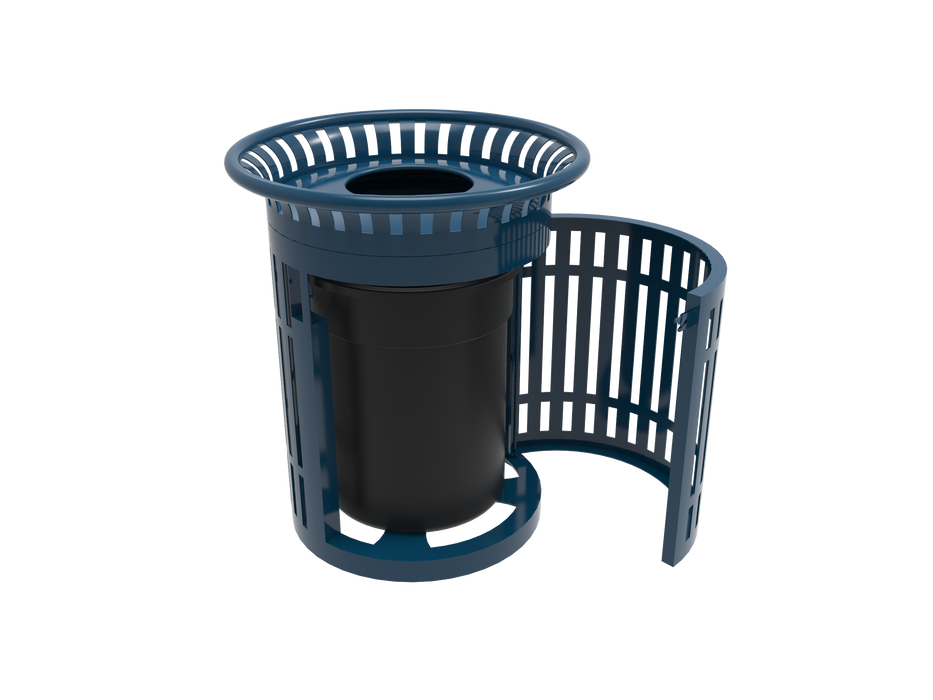 32 Gallon Skyline Trash Receptacle with Flared Top and Side Opening - Flattop and Liner - Strap Metal