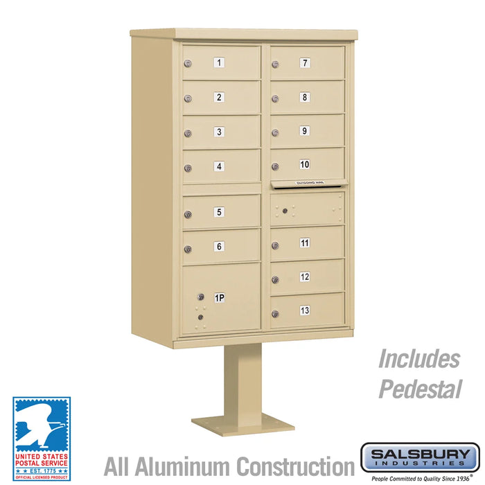 Cluster Mailbox Unit with 13 Doors and 1 Parcel Locker in Sandstone with USPS Access – Type IV