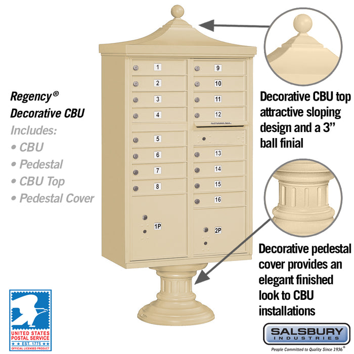 Regency Decorative Cluster Box Unit with 16 Doors and 2 Parcel Lockers in Sandstone with USPS Access – Type III
