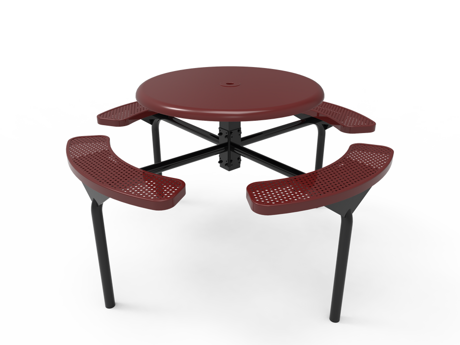 MyTCoat 46” Round Nexus Pedestal Table - Solid Top - Punched Steel - Inground Mount