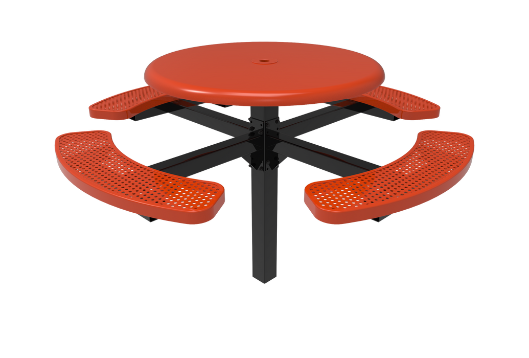 MyTCoat 46” Round Pedestal Table - Solid Top - Punched Steel - Inground Mount