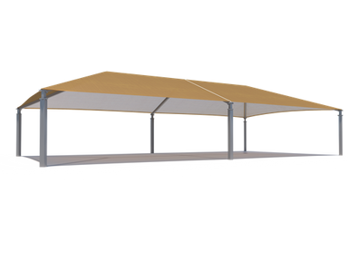 USA Shade Super Span 6-Post Hip with beige roof and metal frame on a white background