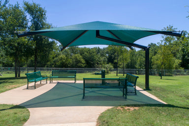 Green outdoor USA Shade Single Post Cantilever Shade Structure with benches in a park setting