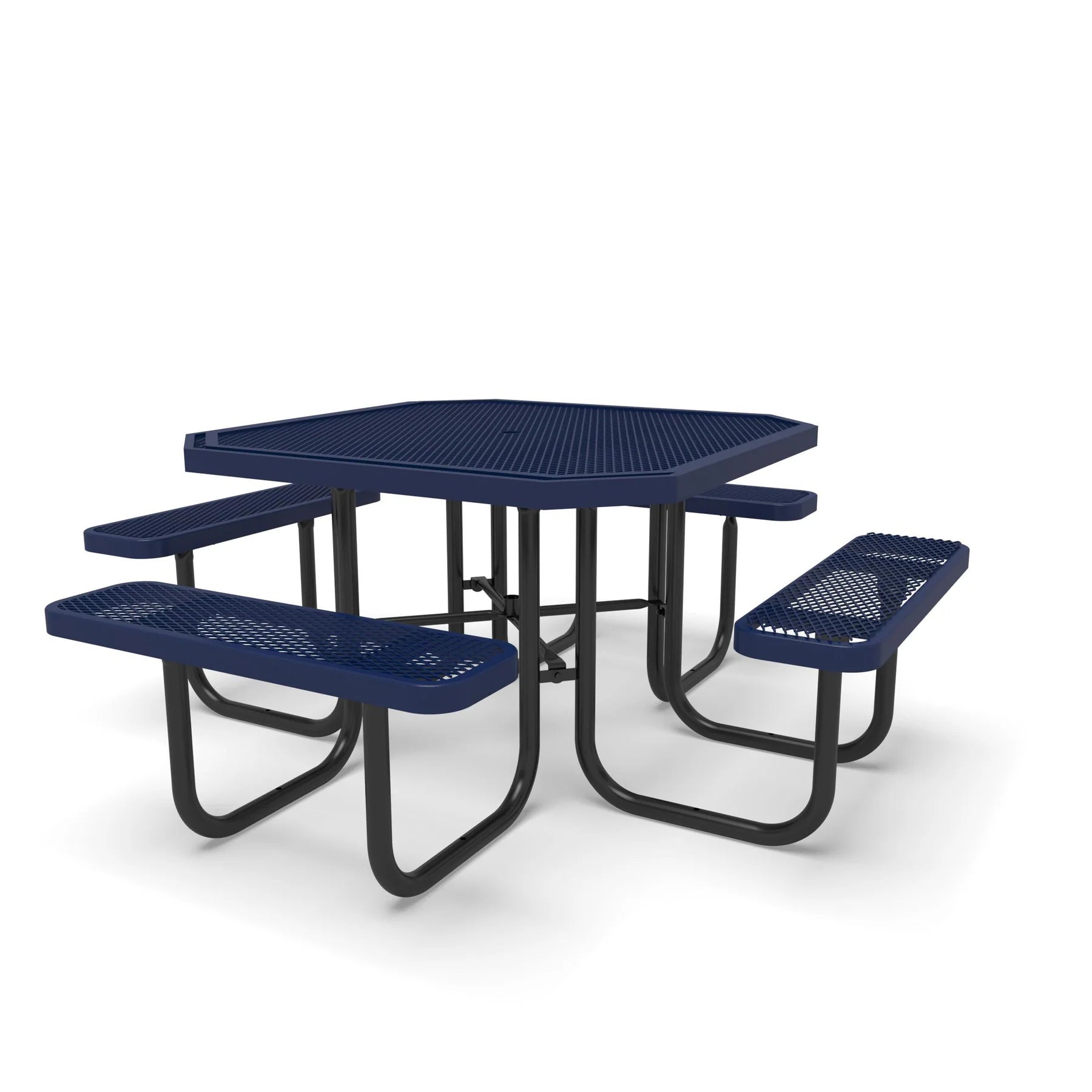 Black & Blue Wabash Valley Signature Octagon Diamond Metal Portable Picnic Table, blue top and seats on a black frame, plastisol-coated steel, metal picnic table with umbrella pole opening