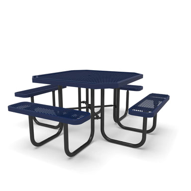 Black & Blue Wabash Valley Signature Octagon Diamond Metal Portable Picnic Table, blue top and seats on a black frame, plastisol-coated steel, metal picnic table with umbrella pole opening