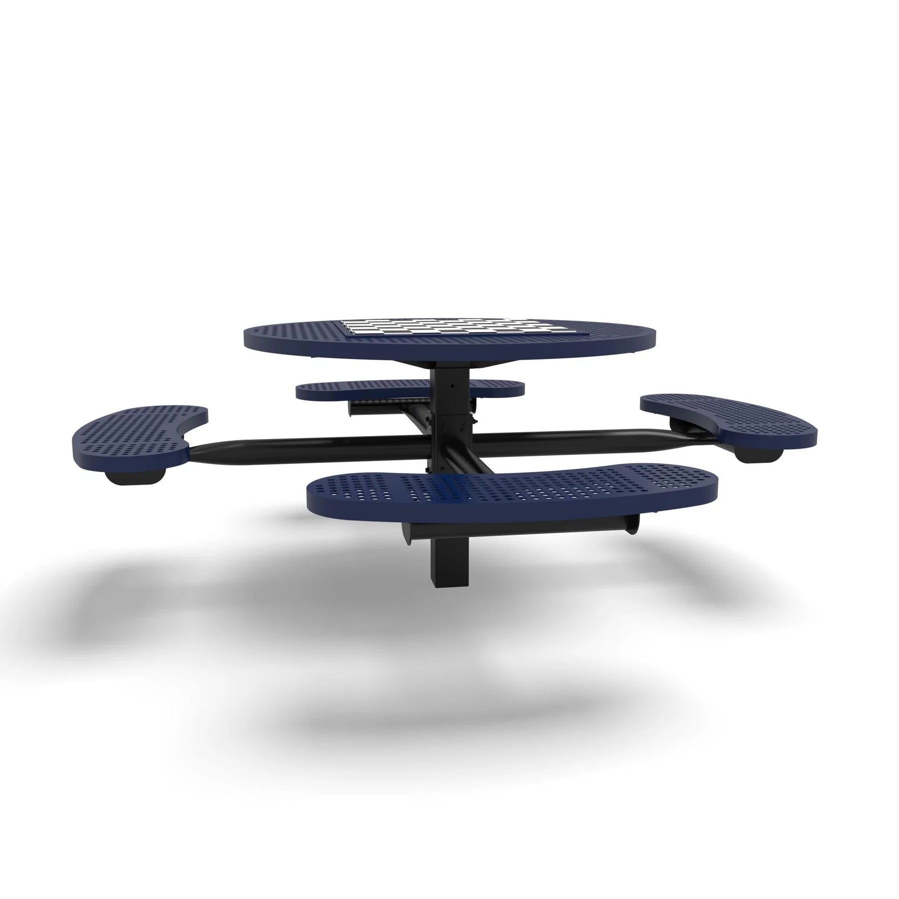 Black & Blue Wabash Valley Signature Round Pedestal Picnic Table, Perforated, Chessboard - 4 Seats - Inground, in plastisol-coated steel, model SP210P, outdoor chess board