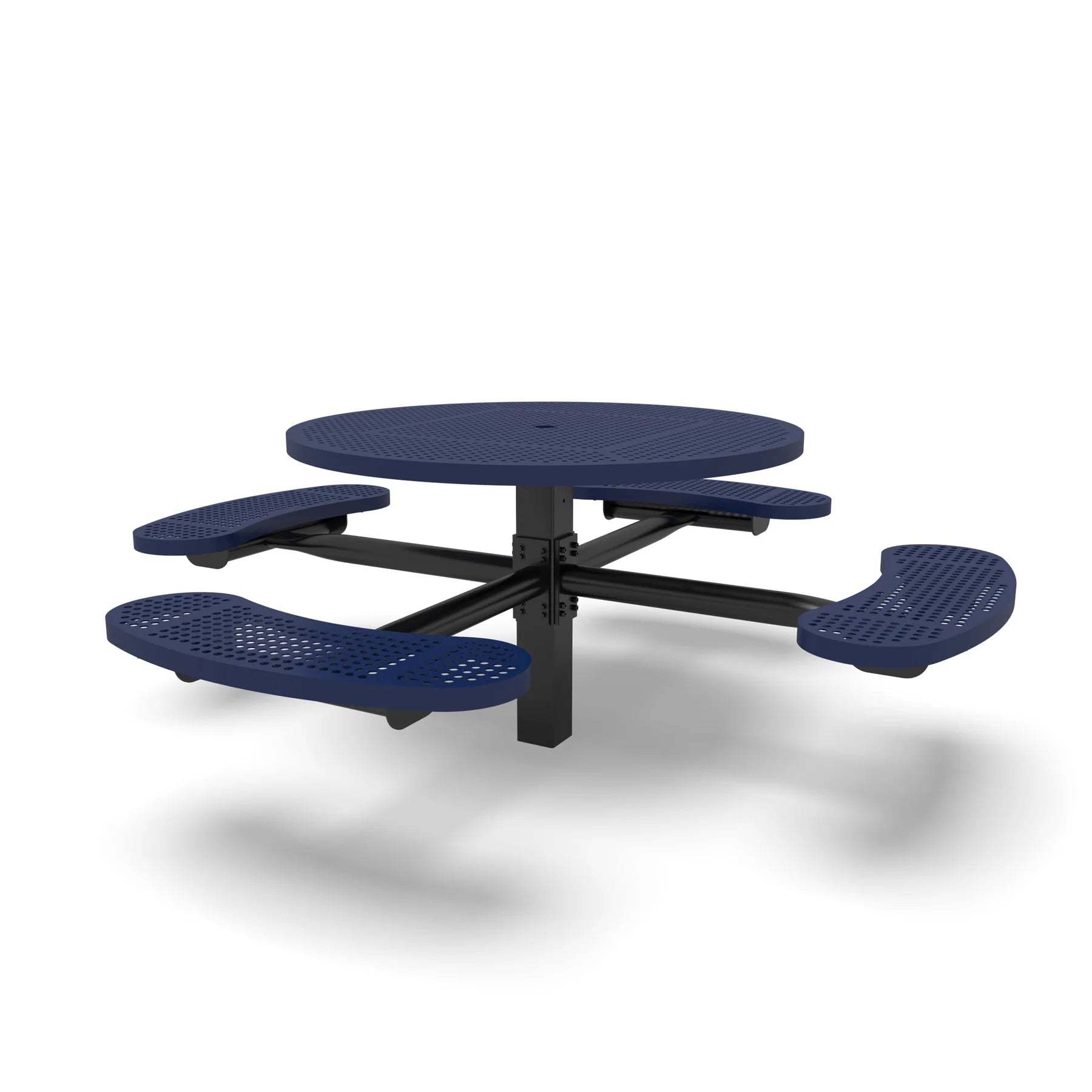 Black & Blue Wabash Valley Signature Round Pedestal Picnic Table, Perforated, Standard - 4 Seats - Inground, in plastisol-coated steel, model SG245P, round outdoor dining table for 4