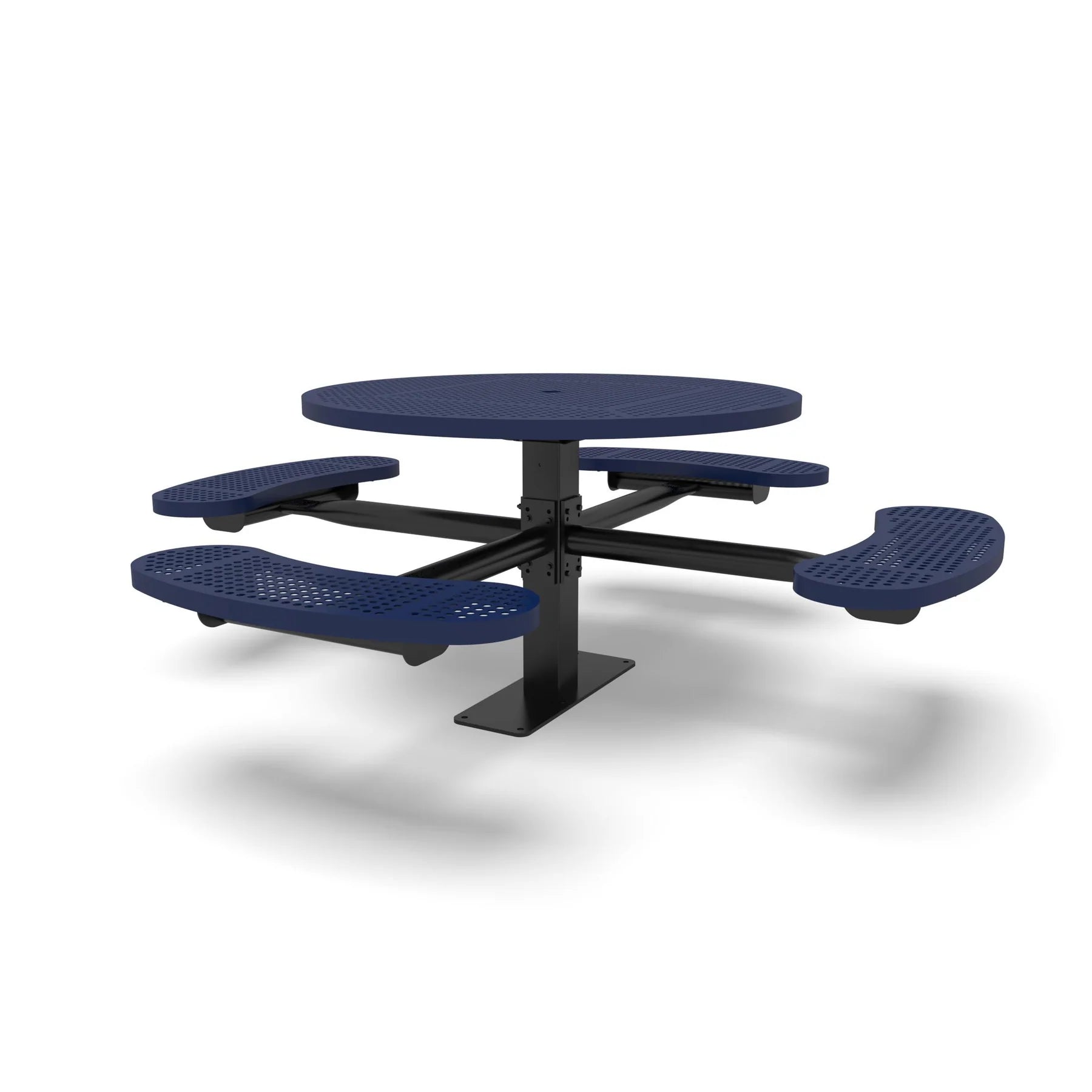 Black & Blue Wabash Valley Signature Round Pedestal Picnic Table, Perforated, Standard - 4 Seats - Surface Mount, in plastisol-coated steel, model SG244P, commercial patio furniture