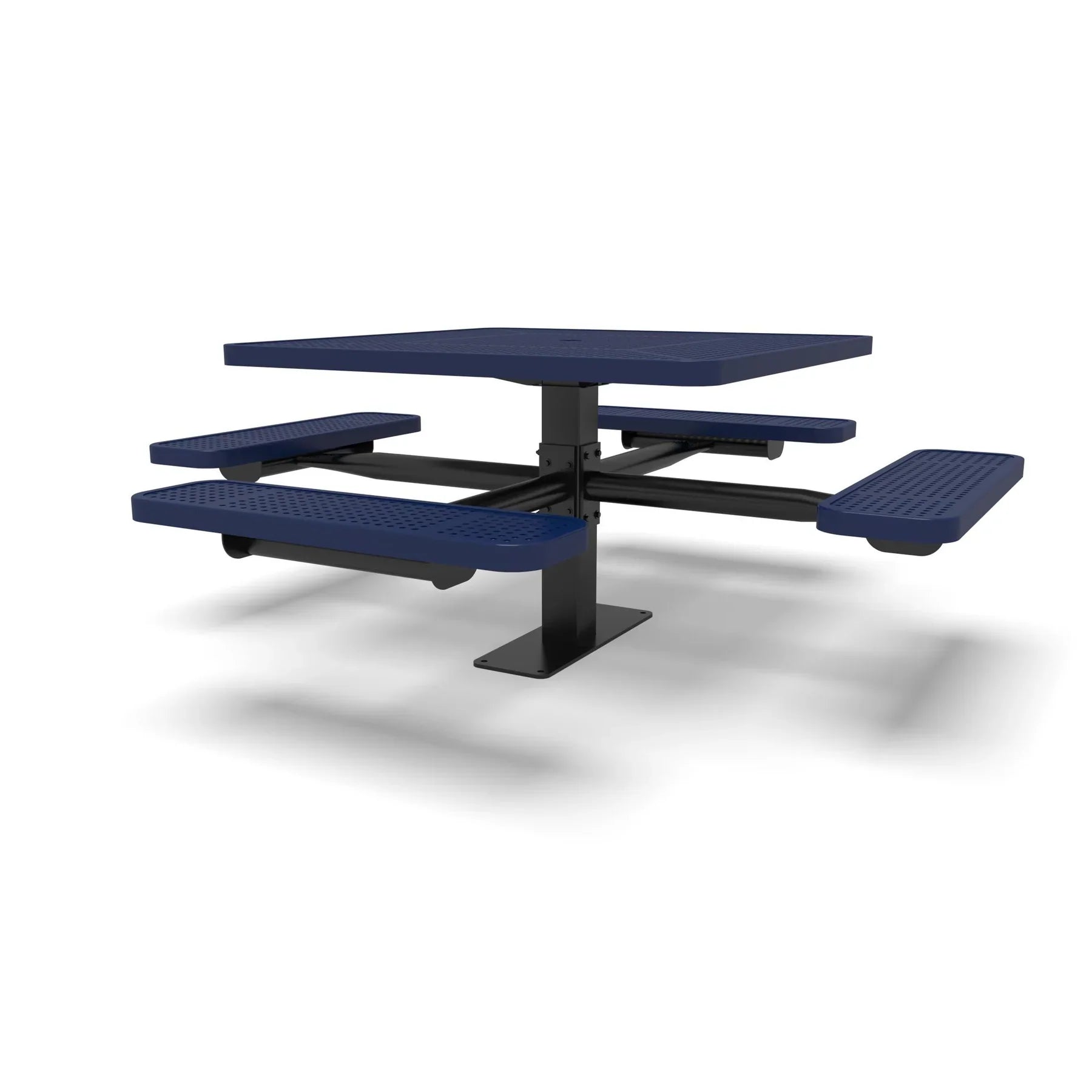Black & Blue Wabash Valley Signature Square Pedestal Picnic Table, Perforated, Standard - 4 Seats - Surface Mount - 46 Inch, in plastisol-coated steel, model SG229P, business patio furniture